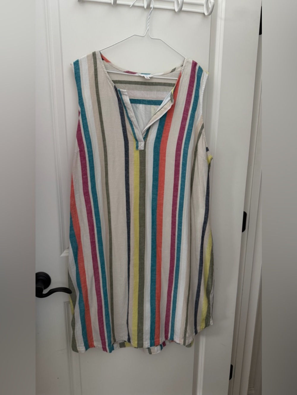 Sleeveless Multicolor Striped V-Neck Women's Linen blend dress